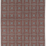 Full size Boe rug in Tivoli, featuring a pattern of crimsoncurved segments with light blue circles on a heather purple field. 
