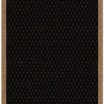 Full size Bucky Rug in jet-tan, features a wide taupe border with a black lattice field with a metallic sheen. 