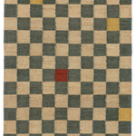 Detail of the Checkerboard Rug in bishop, a blue and white checkered pattern with random accents of red and yellow. 