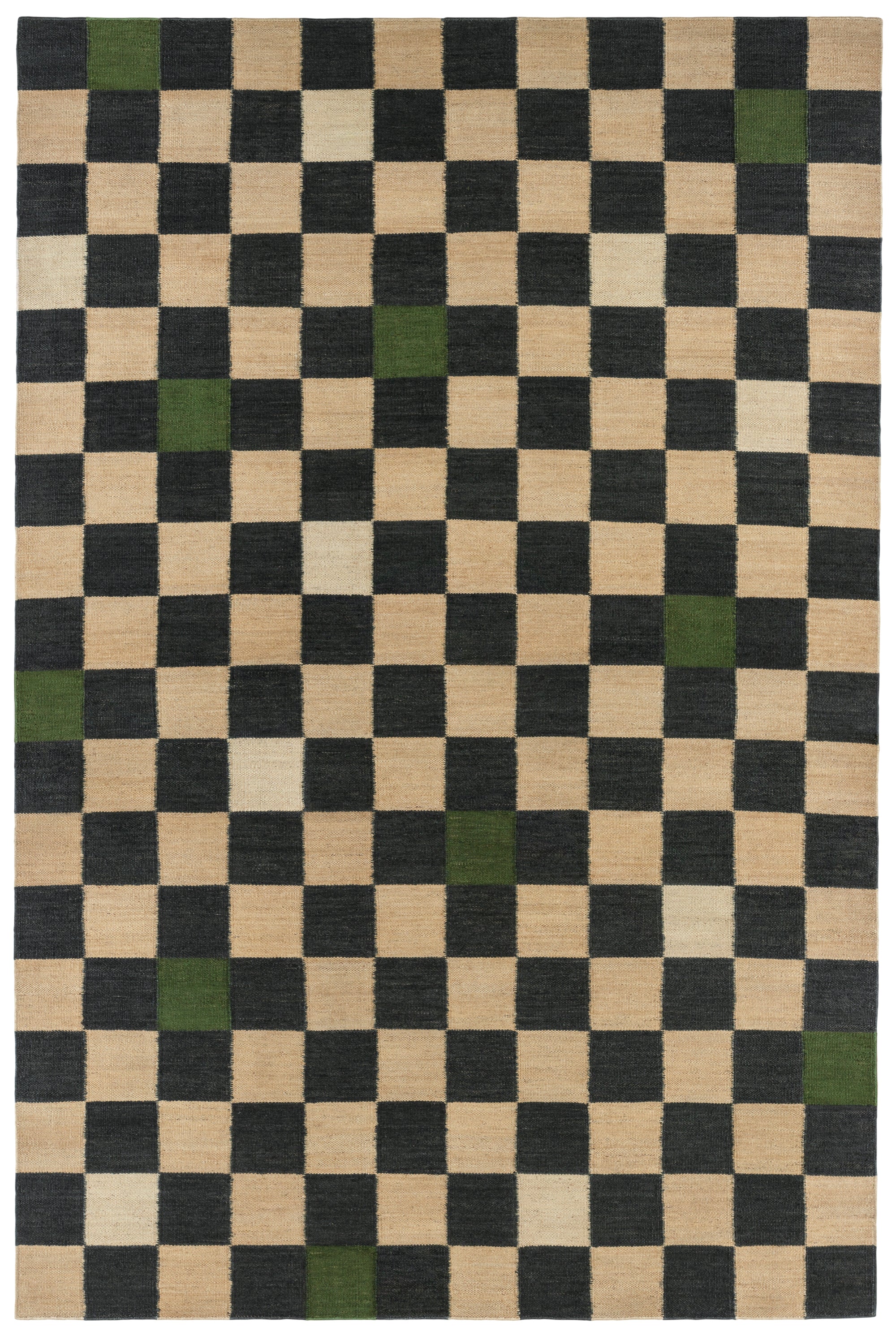 Detail of the Checkerboard Rug in King, a black and tan checkered pattern with random accents of green and white. 