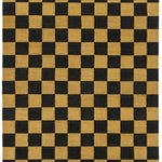 Detail of the Checkerboard Rug in Queen, a black and ochre yellow checkered pattern. 