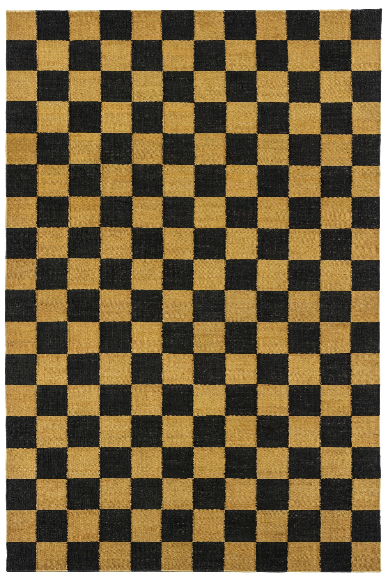 Detail of the Checkerboard Rug in Queen, a black and ochre yellow checkered pattern. 