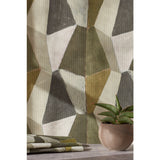 Detail image of a green patterned fabric and small spiky potted plant in front of a wall with mixed three dimensional diamond forms with black, white, taupe, dark forest green, dark sage green and a bright olive green on a textured paper, hover