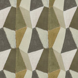 Detail swatch of a wallpaper pattern with mixed three dimensional diamond forms with black, white, taupe, dark forest green, dark sage green and a bright olive green on a textured paper.