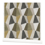 Wallpaper roll with mixed three dimensional diamond forms with black, white, taupe, dark forest green, dark sage green and a bright olive green on a textured paper.