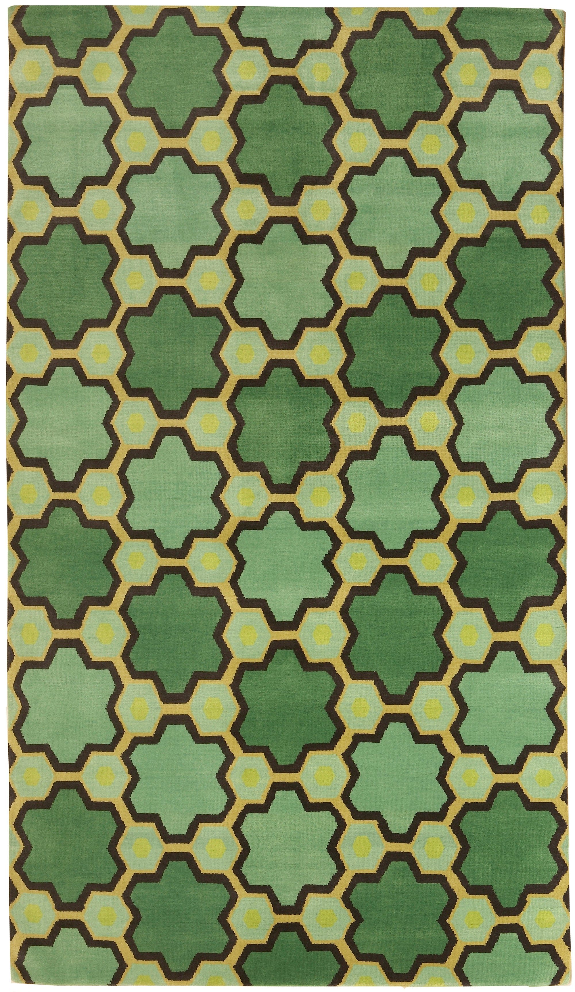 Full size of the Cordoba Cut Pile Rug in Emerald, a hexagonal lattice pattern with sahdes of emerald, jade, yelow and chcolate brown. 