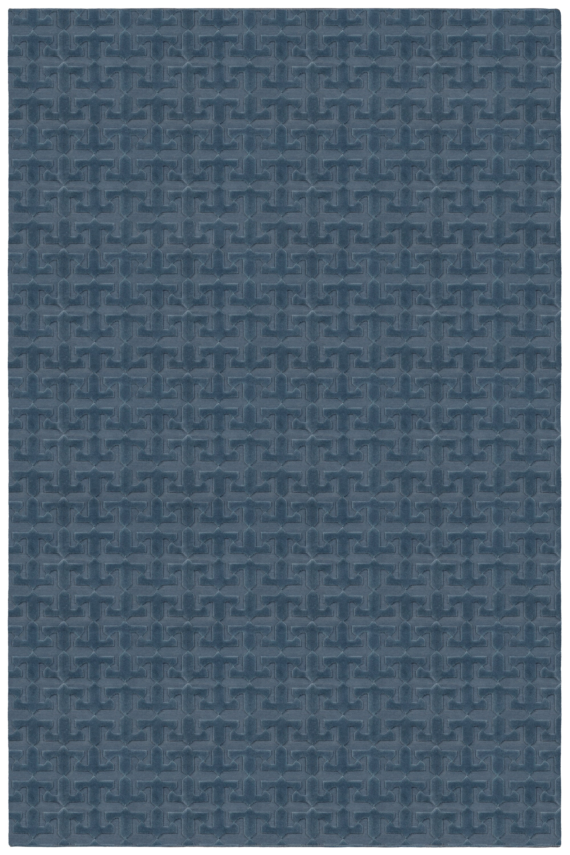 Full size Iseo Rug in Stormy Sky, a textural monochromatic abstract geometric pattern in blue. 