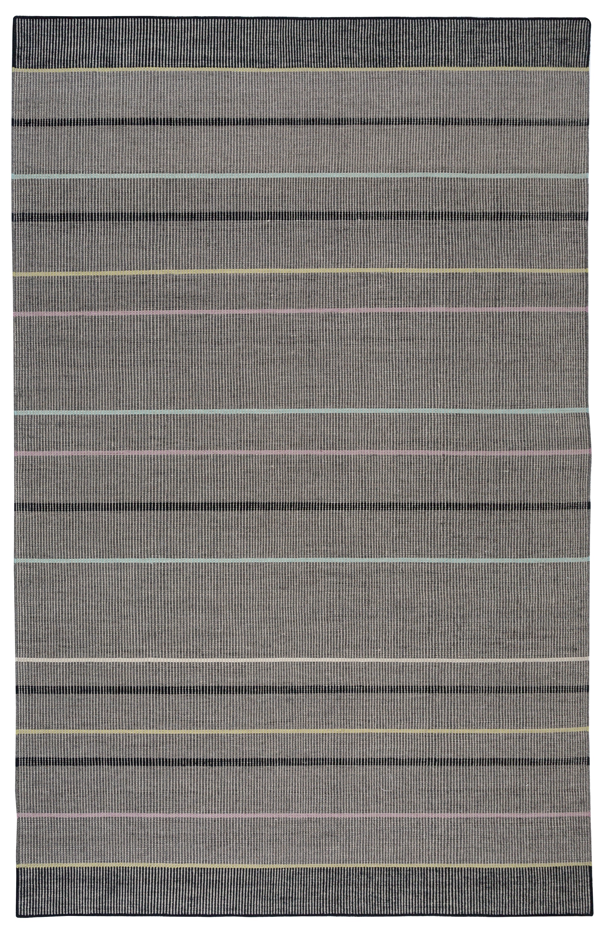 Full size Jasper Waffle Rug in Jet, widely spaced thin stripes of yellow, pink, black, acqua and white on a grey field. 