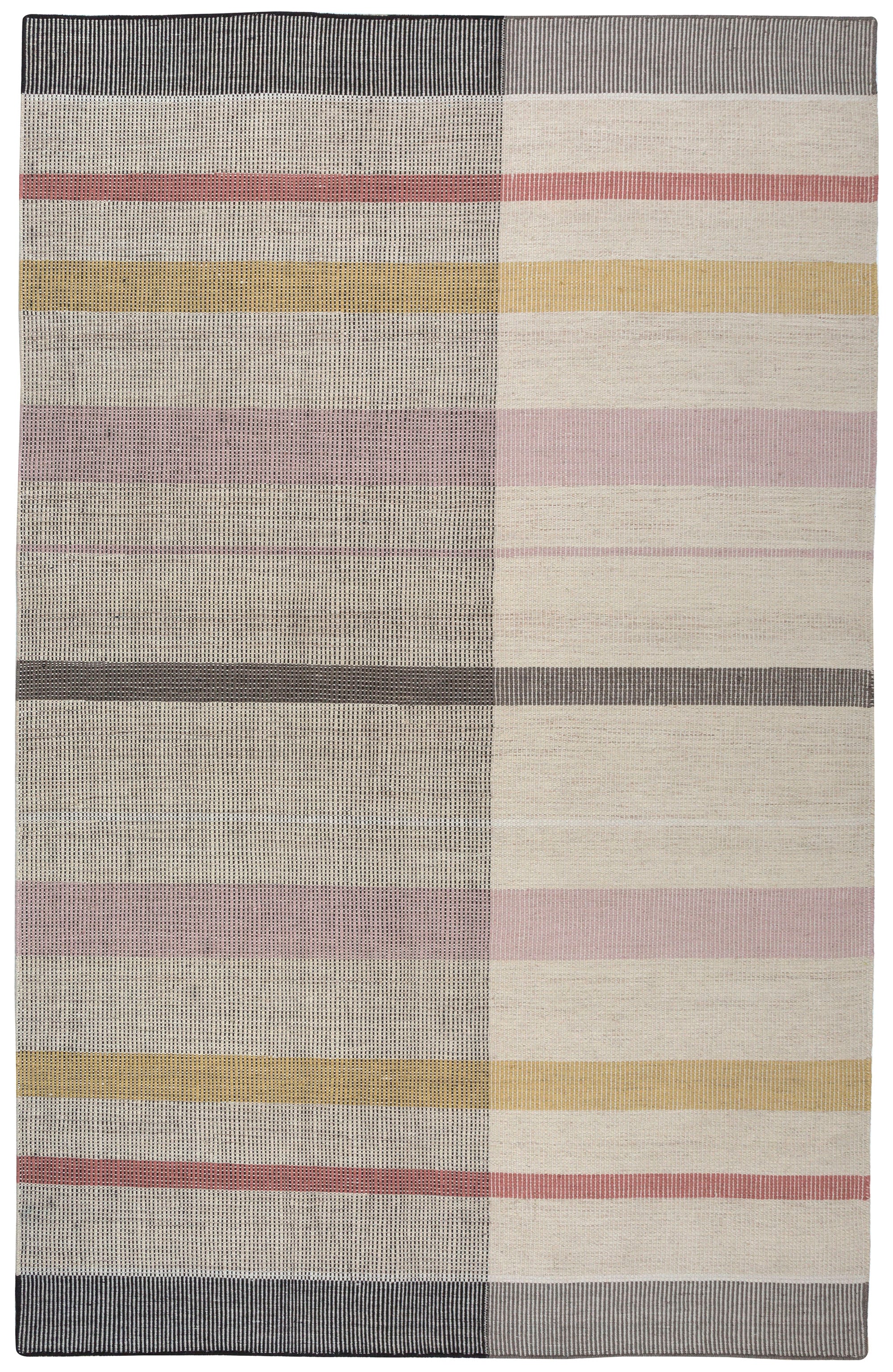 Jasper Waffle Rug in Red Fossile, widely spaced stripes of yellow, pink, red, white and black on a split light grey fand ivory field. 
