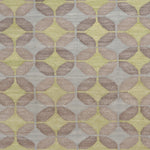 Petite Alhambra Rug featuring a pattern of linked circles that create a star like lattice in yellow and pale blue on a taupe field. 