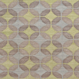 Petite Alhambra Rug featuring a pattern of linked circles that create a star like lattice in yellow and pale blue on a taupe field. 