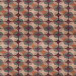 Petite Alhambra Rug featuring a pattern of linked circles that create a star like lattice in coral, taupe, turquoise and royal purple. 