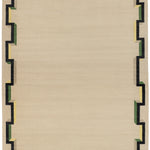 Full size Ponti Rug in Salvia, an ivory field with a geometric stair step border in black, with yellow, green and taupe. 
