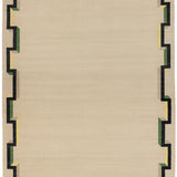 Full size Ponti Rug in Salvia, an ivory field with a geometric stair step border in black, with yellow, green and taupe. 