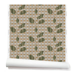 Wallpaper roll with a complex two tone olive green stripe floral motif overlayed a white and tan plaid pattern. 