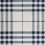 Wool broadloom carpet swatch in a navy and cream plaid pattern.