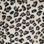 Wool broadloom carpet swatch in a leopard print in black and bronze on a cream field.