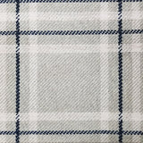 Wool broadloom carpet swatch in a plaid print in shades of cream, tan and navy.
