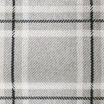 Wool broadloom carpet swatch in a plaid print in shades of cream, gray and black.