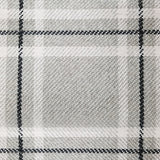 Wool broadloom carpet swatch in a plaid print in shades of cream, gray and black.