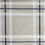 Wool broadloom carpet swatch in a plaid print in shades of cream, tan and navy.