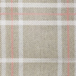 Wool broadloom carpet swatch in a plaid print in shades of cream, tan and pink.