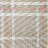 Wool broadloom carpet swatch in a plaid print in shades of cream, tan and pink.