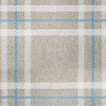Wool broadloom carpet swatch in a plaid print in shades of cream, tan and blue.