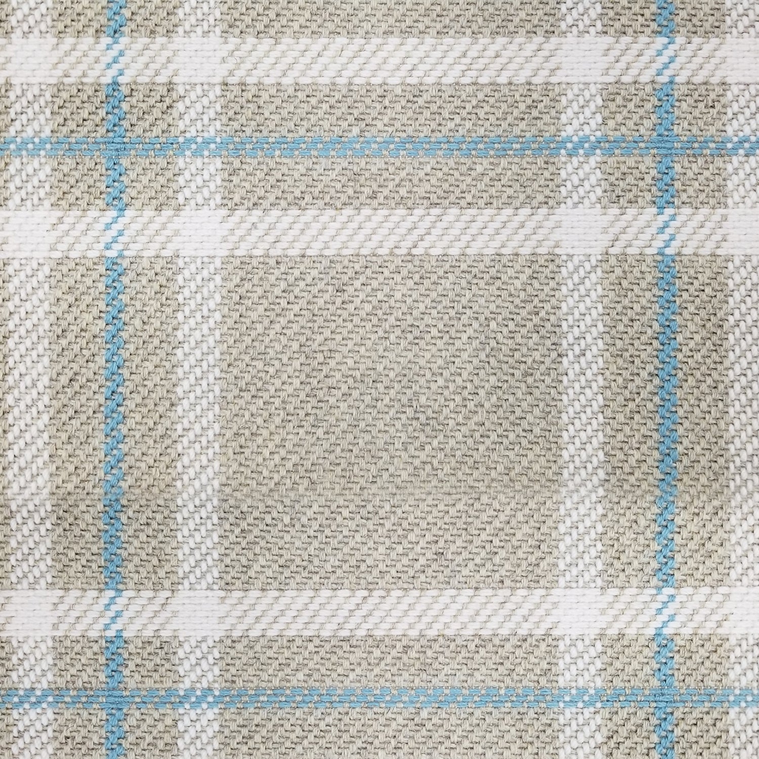 Wool broadloom carpet swatch in a plaid print in shades of cream, tan and blue.