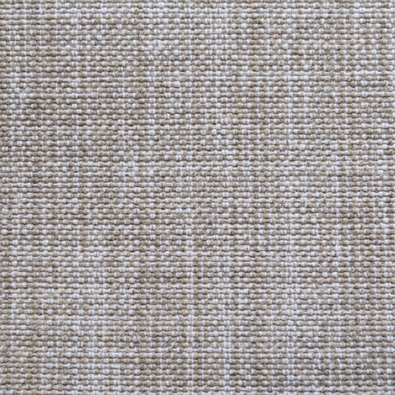 Linen broadloom carpet swatch in a woven mottled check pattern in cream and tan.