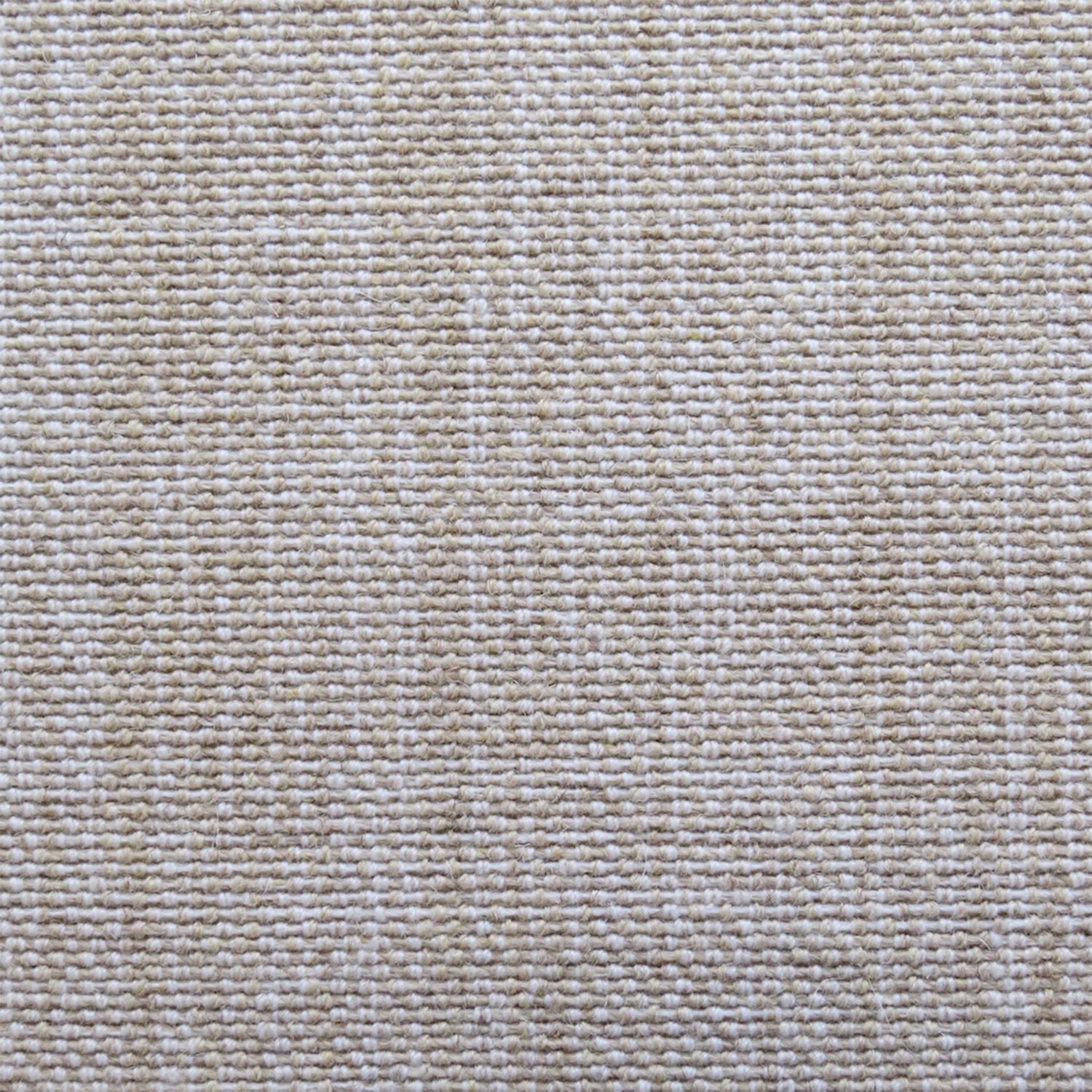 Linen broadloom carpet swatch in a woven mottled check pattern in cream and light brown.