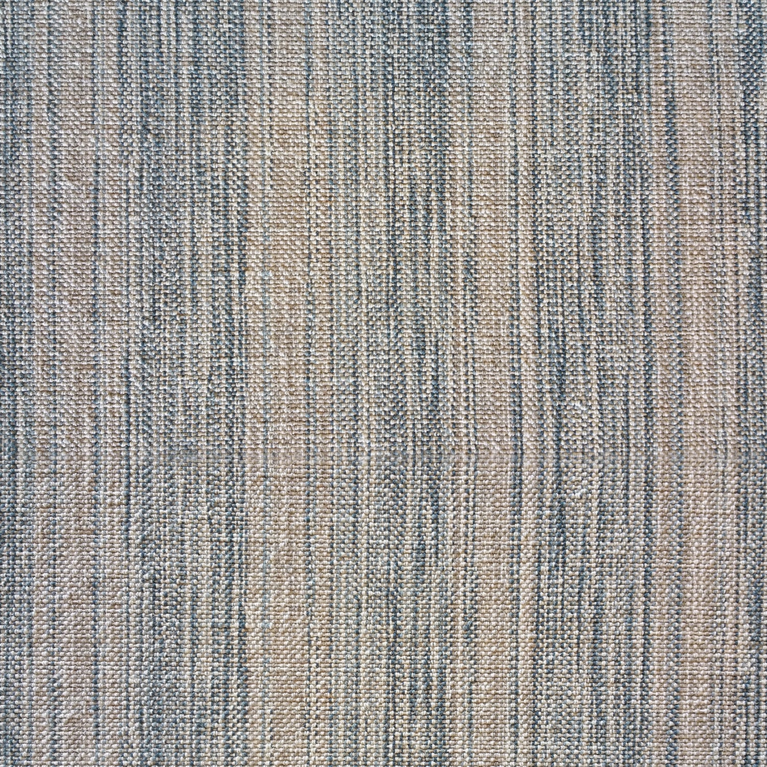 Linen broadloom carpet swatch in a woven ombré stripe pattern in blue, blue-gray and tan shades.