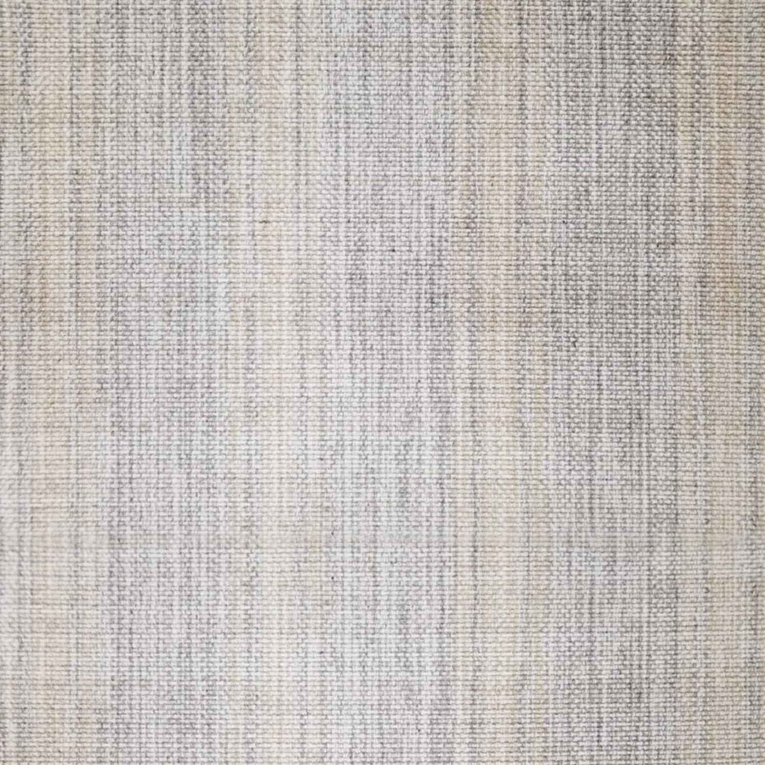 Linen broadloom carpet swatch in a woven ombré stripe pattern in gray, cream and tan.