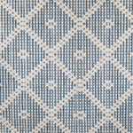 Wool broadloom carpet swatch in a repeating diamond check pattern in blue and cream.