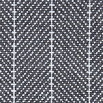 Wool broadloom carpet swatch in a woven chevron pattern in charcoal and white with white accent stripes.