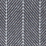 Wool broadloom carpet swatch in a woven chevron pattern in charcoal and white with white accent stripes.