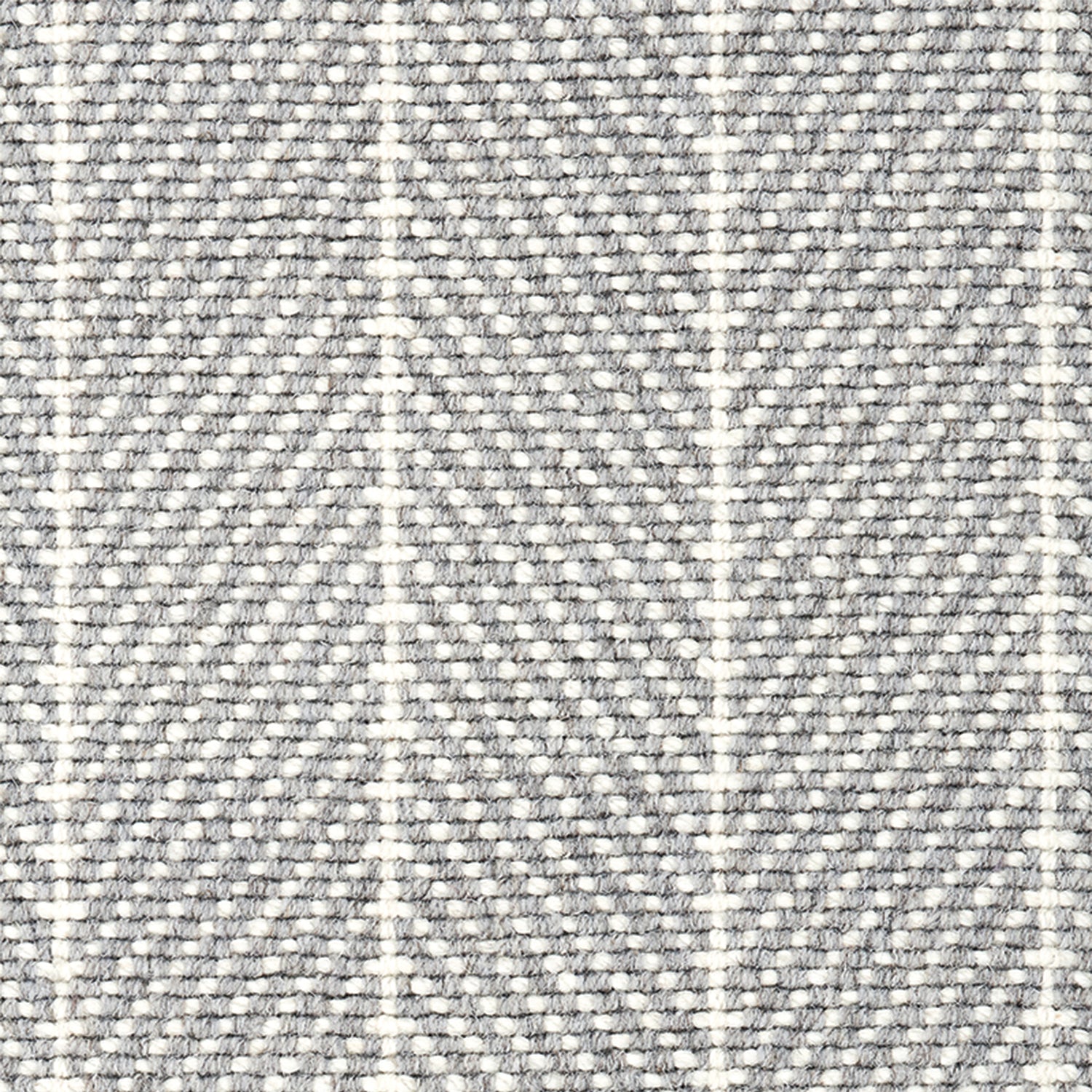 Wool broadloom carpet swatch in a herringbone stripe in gray and white.