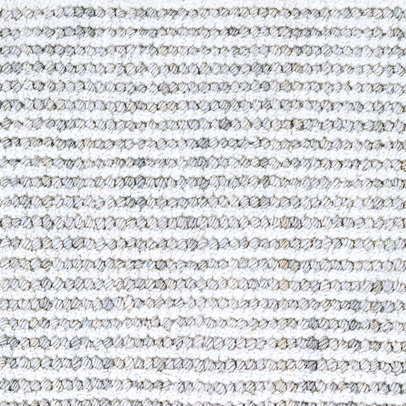 Wool broadloom carpet swatch in a looped stripe weave in white and gray.