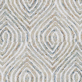 Wool broadloom carpet swatch in a painterly diamond pattern in white, tan and blue.
