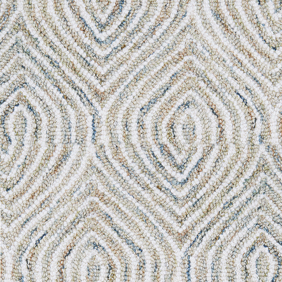 Wool broadloom carpet swatch in a painterly diamond pattern in white, tan and blue.