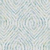 Wool broadloom carpet swatch in a painterly diamond pattern in white, light green and blue.