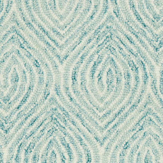 Wool broadloom carpet swatch in a painterly diamond pattern in cream, blue and turquoise.