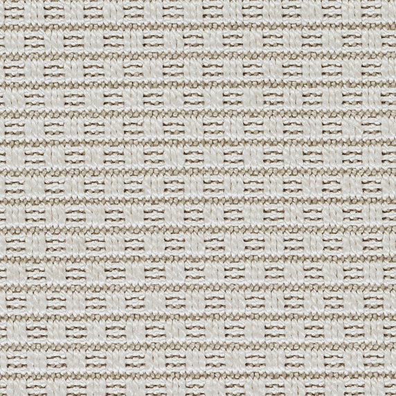 Outdoor broadloom carpet swatch in a textured stripe in silver and cream.