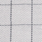 Outdoor broadloom carpet swatch in a plaid weave in shades of white, charcoal and gray.