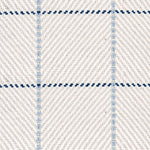 Outdoor broadloom carpet swatch in a plaid weave in shades of white, cream, blue and navy.