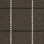 Outdoor broadloom carpet swatch in a plaid weave in shades of white, brown, and charcoal.