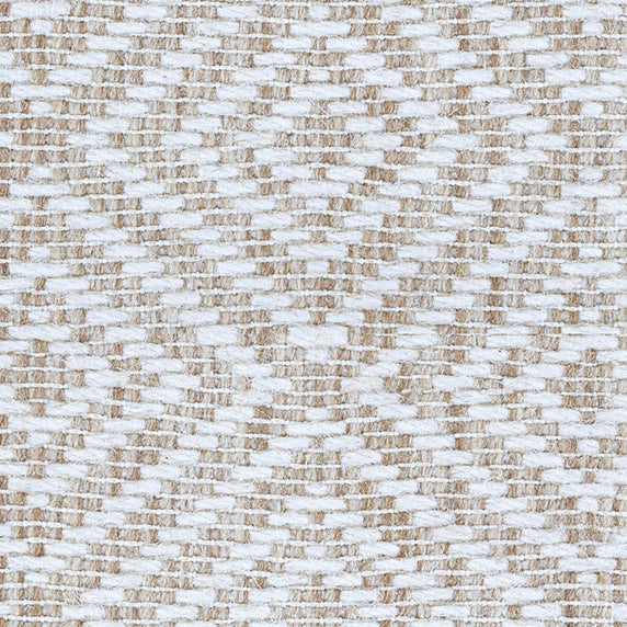 Wool broadloom carpet swatch in a woven geometric diamond print in tan and cream.