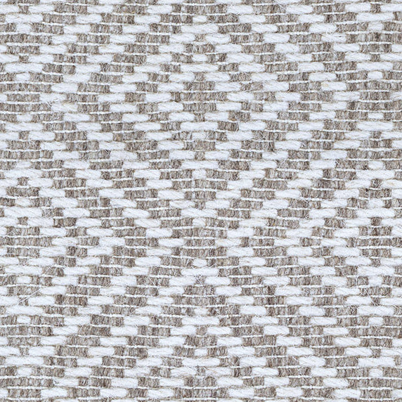 Wool broadloom carpet swatch in a woven geometric diamond print in brown and cream.