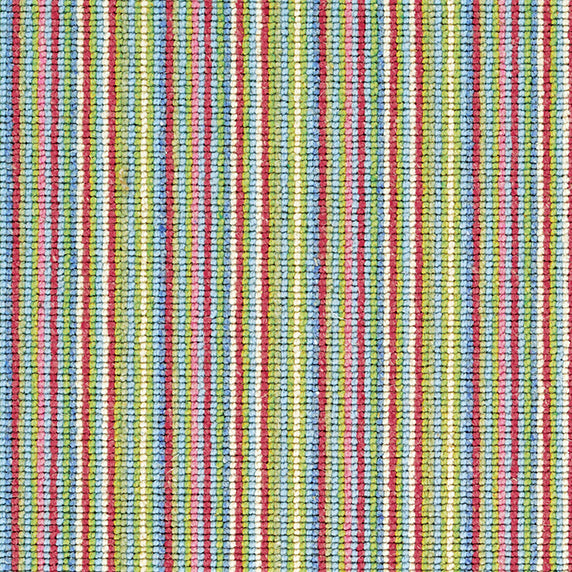 Wool broadloom carpet swatch in a thin stripe pattern in shades of bright green, blue, pink and red.