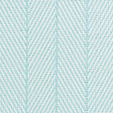 Outdoor broadloom carpet swatch in a striped herringbone weave in aqua and white.